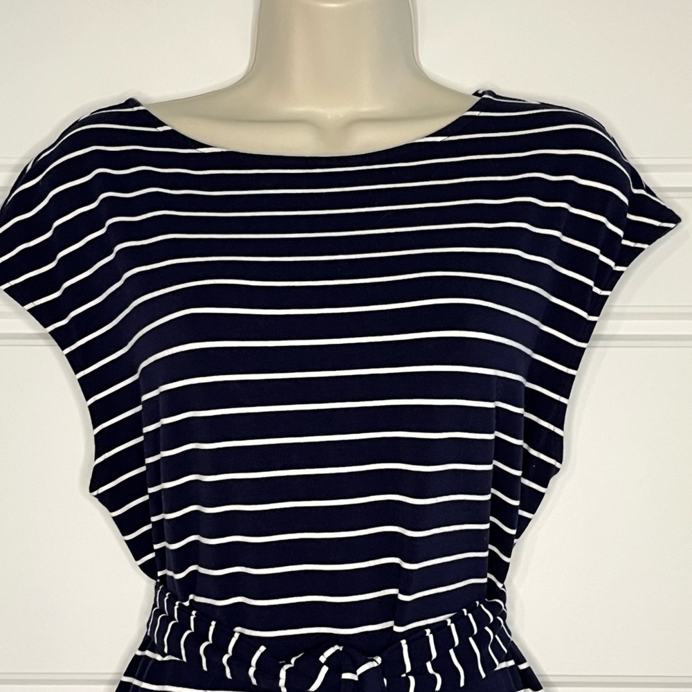Lauren Ralph Lauren Nautical Navy White Striped Dress Belted Classic Preppy Sz L - Picture 2 of 10
